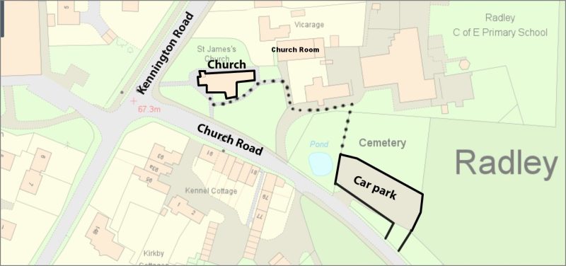 Map showing relative locations of Radley Church, the Church Room and the car park, with the offroad walking route between the car park anfd the church shown by a dotted line