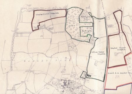 Map of the fields in north Radley marked in colour to show their ownership by various members of the Dockar Drysdsle family in 1944