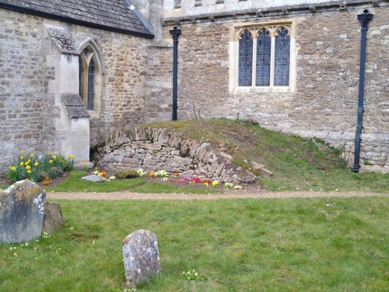 Top of the Stonhouse and Bowyer family vault next to the chancel wall in the churchyard at Radley Church, March 2021